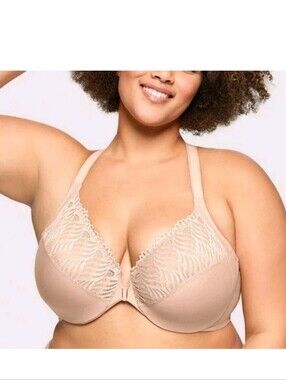 Glamorise Front Closure T-Back WonderWire Bra 44F Beige #1246 NWOT